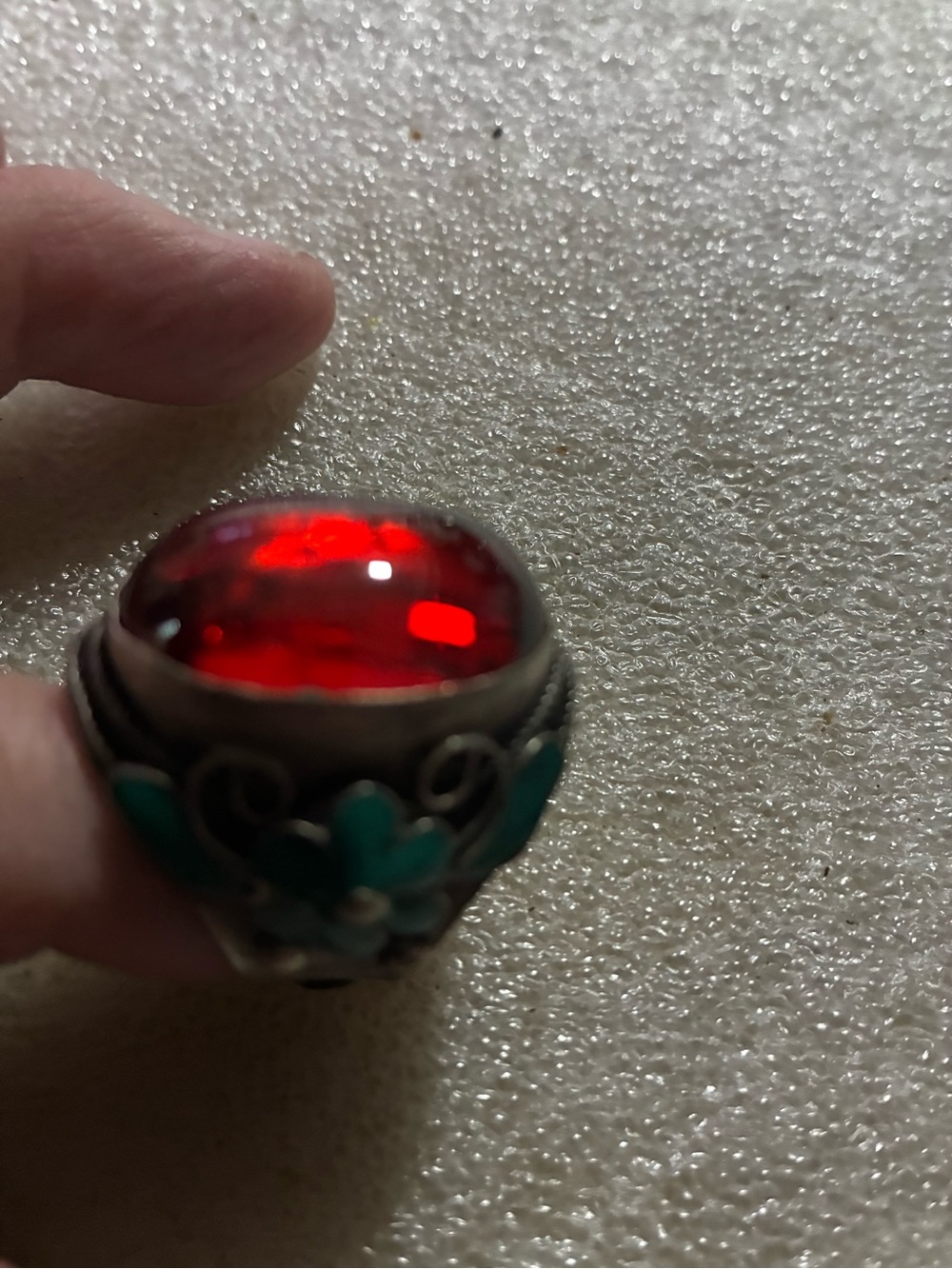 Antique enamel red jade Asian silver marked